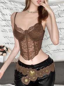 Chic Women's Brown Lace Tank Top Short Cropped Knitted Camisole With Corset Detailing, Sheer And Medium Stretch For A Stylish Look - Brown - View 4