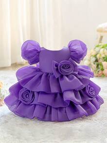 Baby Girls Puff Sleeve Floral Organza Cute First Birthday Dress, Suitable For Flower Girl Wedding, Headband Not Included - Purple - View 4