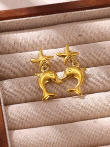 Stainless Steel Gold Color Dolphin Starfish Dangle Earrings For Women Summer Beach Ocean Drop Earrings Fashion Jewelry Gifts - E6707 - View 6