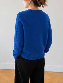 Women's Autumn/Winter Minimalist Casual Home Cable Knit Round Neck Cardigan Jacket - Blue - View 2