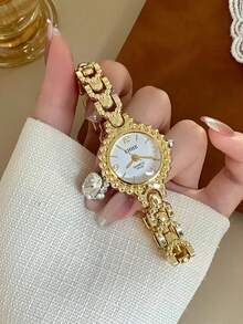 1件金色橢圓石英女錶，優雅時尚，適合日常配戴，生日、畢業禮物，休閒聚會與宴會 - 金色 - 查看 6