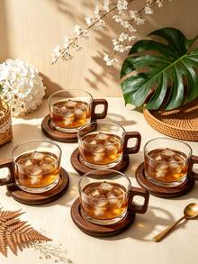 1pc Chinese Style Wooden Handle Glass Cup And Saucer Set, Niche Creative Heat-Resistant Personal Tea Cup, Home/Office Coffee Cup, Tea Cup Set, Chloware - Multicolor - View 1