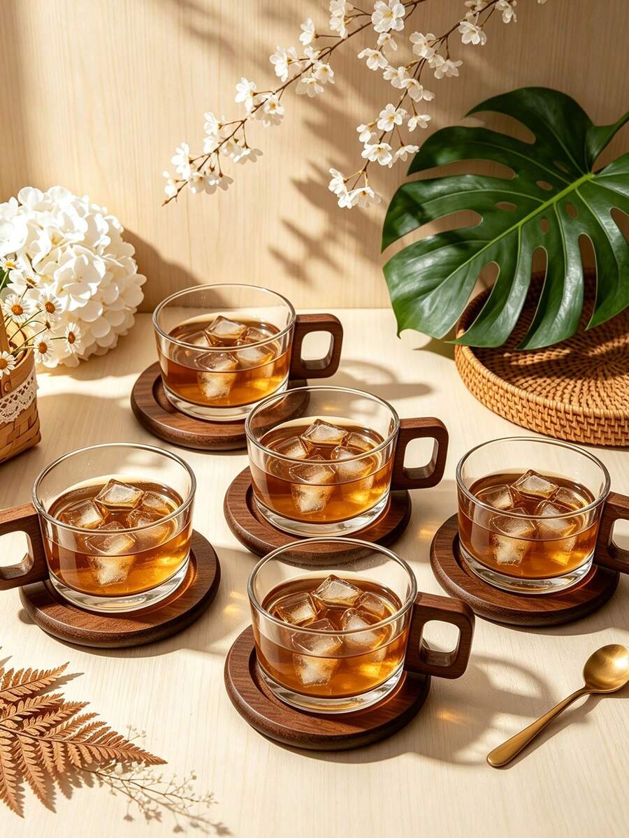 1pc Chinese Style Wooden Handle Glass Cup And Saucer Set, Niche Creative Heat-Resistant Personal Tea Cup, Home/Office Coffee Cup, Tea Cup Set, Chloware - Multicolor - View 1