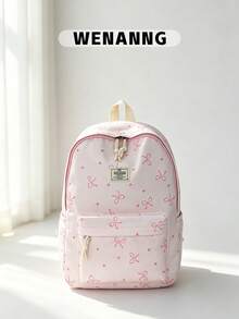 1pc Casual Collegiate Style Bowknot Pattern Student Backpack, Lightweight Large Capacity With Laptop Compartment School Day Bag, Adjustable Shoulder Straps Bookbag, Suitable For Teenagers/Students/Graduates/Young People, Perfect For Daily Use, Outings, Travel, School And Back To School Season - Multicolor - View 2