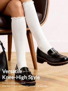 5 Pasang Kaos Kaki Setinggi Lutut Wanita Warna Polos, Manset Berkerut, Rajutan Bergaris, Kaos Kaki Kasual Bergaya Preppy, Serbaguna untuk Musim Gugur/Dingin, Cocok untuk Olahraga, Bepergian, dan Pemakaian Sehari-hari - MultiWarna - View 4