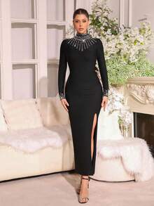 New Heavy Embellished Rhinestone Design Women's High Neck Long Sleeve Fitted Long Bandage Dress, Formal Wedding, Holiday And Party Gown - Black - View 8