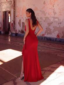 ADYCE Women's High Waist Pleated Ruffle Backless Party Dress, Suitable For Prom, Party, Date Night, Wedding Guest - Red - View 2