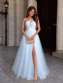 VIPGIRL Asymmetrical Neck Split Thigh Mesh Formal Dress Elegant Prom Evening Wedding Guest Gown, For Graduation, Dinner Party Dress Spring - Blue - View 2