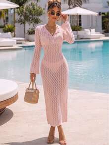 Women Pink Hollow Knit Midi Dress Ruffled V Neck Button Placket Flare Long Sleeve Sheer Bodycon Beach Coverup Dress- - Pink - View 7