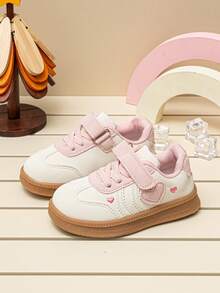 Sweet Little Heart Embroidered Girls' Low-Top Sneakers, Colorblock Soft Sole, Hook & Loop Closure, Casual Daily Commute Shoes For Toddlers - Beige - View 2