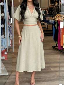 Women's Summer 2 Pieces Set Elegant Apricot Pleated Waist Short Sleeve Top And Casual High Waist Skirt - Gray Apricot - View 4