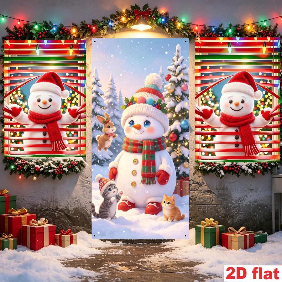 3 Pcs Cute Snowman Cute Pet Christmas Door Decoration Set, Big Snowman, Accompanied By Small Grey Cat, Orange Cat And Little Rabbit, Christmas Tree, Gift Box; Suitable For Christmas Party Decorations, Etc.