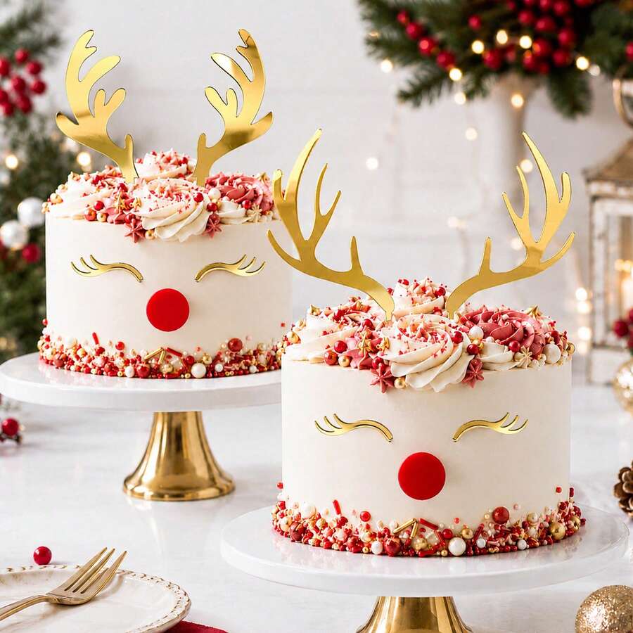 1Set/2Sets Gold Mirror Acrylic Reindeer Antler Cake Topper, Christmas Rudolph Eyes Cake Decor, Xmas Party Cake Decorations - Multicolor - View 1
