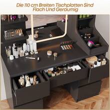 Devoko Modern Dressing Table With LED Mirror, 3 Light Colors And Dimmable Brightness, Vanity Table With 7 Drawers, Open Shelves And Optional Stool, Dressing Cabinet For Bedroom, White/Black/Pink/Vintage - Black - View 6