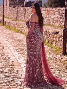 Women's Elegant Plus Size Long Sleeve Asymmetrical Sequin Beaded Formal Dress Mermaid Hem For Party & Evening - Burgundy - View 2