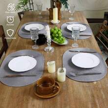 45*30cm Light Gray Oval Plastic Woven Placemat, 4.72 Inch Coaster, Easy To Clean, Non-Slip, Heat Resistant. Decorative Mat, Wrinkle-Resistant, Suitable For Party, Wedding, Housewarming, Christmas, Halloween, Thanksgiving, Mother's Day - Light Grey - View 3