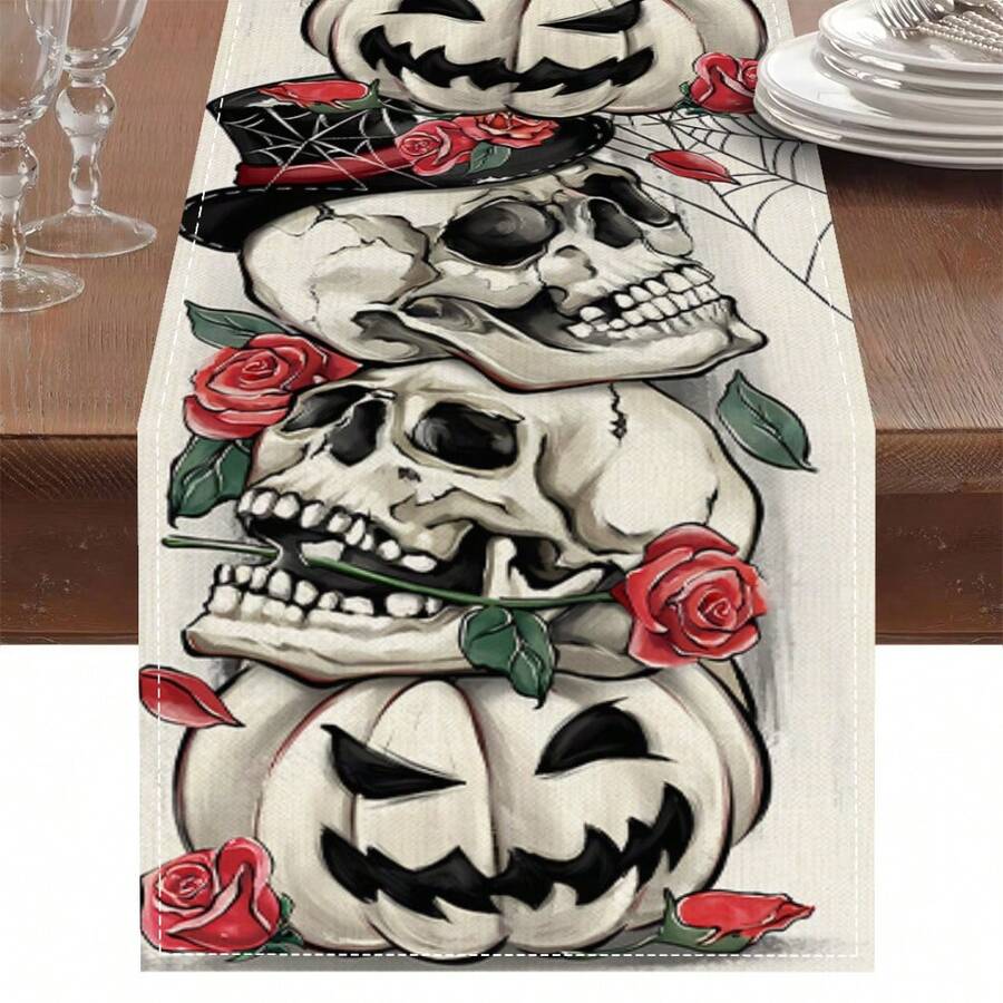 1PC Halloween Skull Red Rose Table Runner, Top Hat Spider Web White Jack-O-Lantern Beige Background Rectangular Table Runner, Gothic Spooky Fall Halloween Decor For Kitchen Dining Table Home - Black - View 1