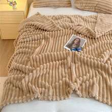 1pc Oversized Striped Blanket, Wide Stripe Cutout Faux Rabbit Fur, Milk Fleece, Flannel Throw Blanket, Casual Nap Blanket For Office - Khaki - View 8