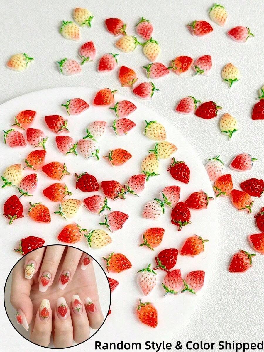 50pcs Random Mixed Color Cute Cartoon Strawberry Nail Art Charms, 3D Resin Realistic Fruit Nail Decoration, Suitable For Summer Nail Art And Phone Case Decoration - Multicolor - View 1