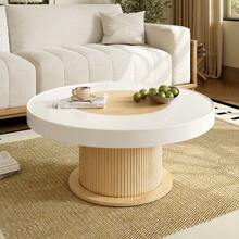 Round Coffee Table With Ribbed Cylindrical Base, Table With White-Wood-Colored Two-Tone Tabletop Made Of MDF And PVC, Living Room Table For The Living Room, Compact Side Table For Small Apartments - 白色 - 查看 2
