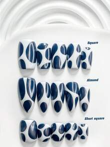 10片韓式極簡手工穿戴甲，Polygel美甲套組，手繪藍色指甲油，啞光田園風，附美甲工具，3種尺寸可選：方形、短方形、杏仁形，適合派對、跳舞、日常配戴 - 彩色 - 查看 1