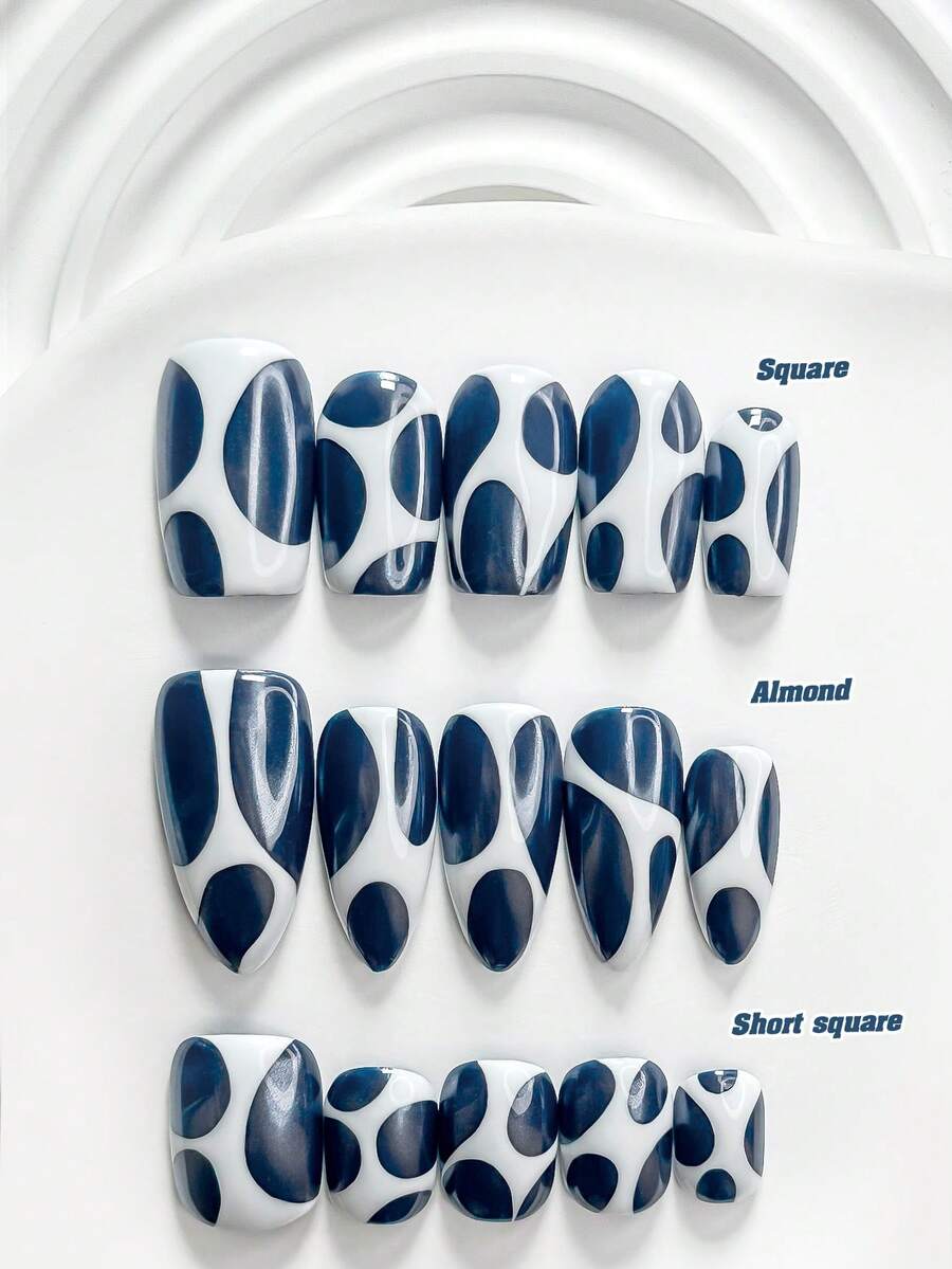 10片韓式極簡手工穿戴甲,Polygel美甲套組,手繪藍色指甲油,啞光田園風,附美甲工具,3種尺寸可選:方形、短方形、杏仁形,適合派對、跳舞、日常配戴 - 彩色 - 查看 1
