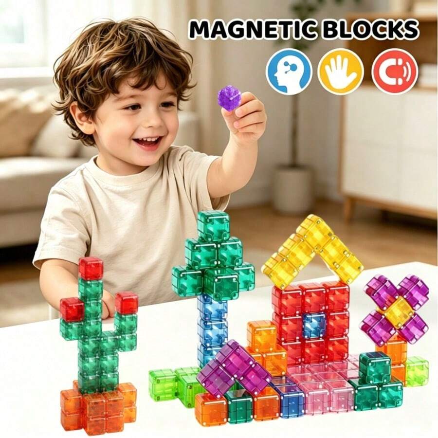 2.0" Rounded Magnetic Transparent STEM Sensory Cube, Suitable For Children, My Magnetic Puzzle Building Blocks, Halloween & Christmas Birthday Gift Toy (Random Color Pattern), Magnetic Building Blocks Preschool Toy, Translucent Building Blocks Toy For 3+ Boys And Girls Preschool STEM Magnetic Sensory Montessori Toy - Multicolor - View 1