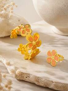 1 Set Elegant Style Enamel Floral Design Stainless Steel Women Jewelry Set Suitable For Date Wear - Yellow Gold - View 8