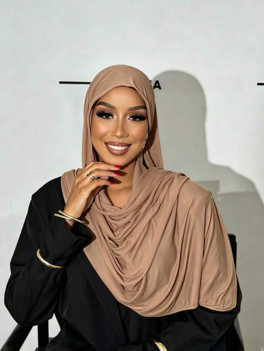 1 Pieza Hiyab de unicolor Minimalista para Mujeres con Dobladillo, Turbante de Punto Modal Premium Largo para Uso Diario, Viajes y Reuniones - Caqui - Ver 1