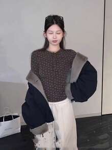 Women's Korean Style Henley Collar Button Ditsy Floral Long Sleeve Knitted Base Layer Top, Autumn Blouse - Coffee Brown - View 5