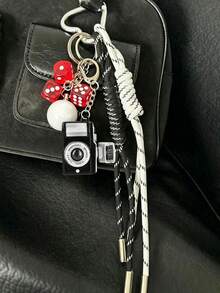 Vintage White Ball Keychain Ping Pong Ball Creative Pendant Decoration Casual, Vintage Style Black Camera Shaped Keychain Car Pendant, Bag Charm, Cool Accessory DIY Hand Rope Bag Charm, Key Chain Lanyard, Suitable For Girls, Women, Suitable For Work, School, Small Gift For Her, Used To Enhance Your Elegant - Multicolor - View 1