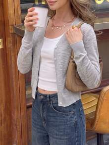 Mori Summer Fall Y2K Women Grey Sheer Thin Knit Button Up Cardigan , Long Sleeve See Through Going Out - Grey - View 5