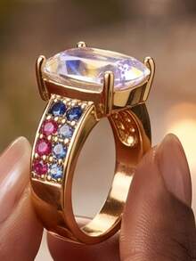 1 pieza Accesorio de vacaciones glamuroso, anillo apilable de tono dorado con piedra central rectangular iridiscente y circonita multicolor en los laterales - Multicolor - Ver 4