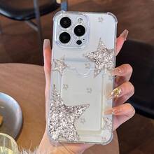 Transparent Card Slot Compatible With Apple Series Glitter Star Transparent Card Holder Phone Case, Four-Corner Anti-Drop Soft Shell, Can Insert Bank Card And ID Card, Luxury Style Girly Protective Cover - Clear - View 3