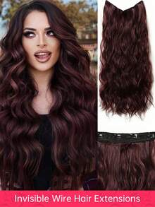 24-Inch Burgundy Invisible Wire Hair Extensions, Adjustable Transparent Wire, 4 Safety Clips, Women's Long Wavy Synthetic Fiber Wig, Suitable For Halloween Parties And Daily Use - Burgundy - View 13