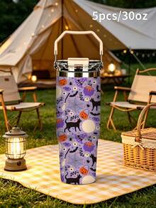 1pc/5pcs 30oz Halloween Witch Black Cat Stainless Steel Insulated Tumbler With Handle And Straw, Cute Black Cat, Witch Hat, Pumpkin And Spider Web Print, Leak-Proof Flip Lid, Suitable For Travel, Work, Fitness And Daily Outdoor Use - Light Purple - Black Cat Pumpkin - View 10