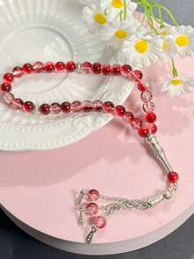 1pc 33-Bead Artificial Crystal Muslim Prayer Beads, Vintage Carved Silver Tube Chain Tassel Tasbih, Luxury High-End Islamic Prayer And Recitation Beads - Multicolor - View 18