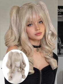 Light Cream Blonde Long Curly Wig With Bangs Detachable Twin Ponytail Synthetic Heat Resistant Wig For Women Lolita Anime Cosplay Halloween Party - Multicolor - View 11