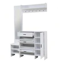 Hall Tree For Entryway, Including Shoe Cabinet, Mirror And Coat Hooks, Multifunctional Shoe Cabinet With Shoe Change Bench, For Hallway Entryway, White, 140x30x200cm - White - View 8