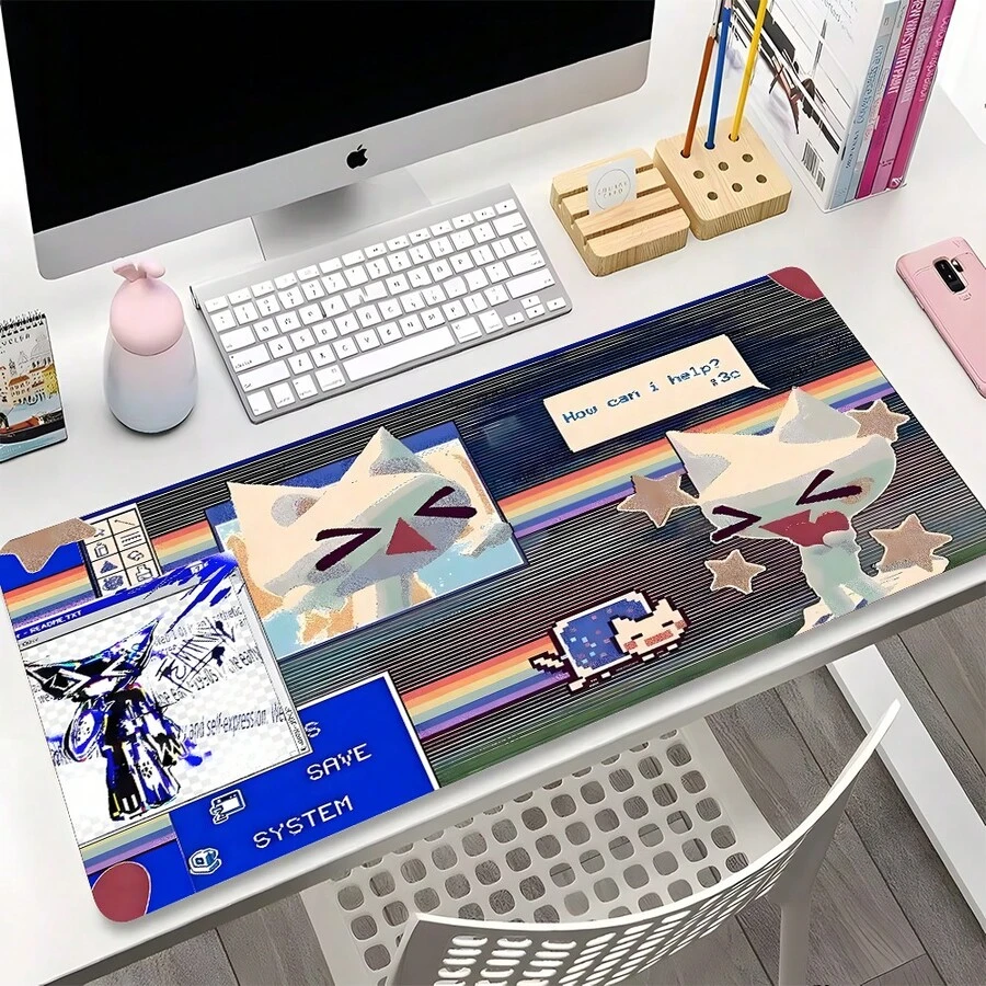 1pc Extra Large Extended Pixel Collage Cartoon Cat Pattern Mouse Pad, Soft Cloth Material With Non-Slip Rubber Base And Stitched Edges. Retro Cyber Collage Style Cartoon Illustration Aesthetic Keyboard Pad With Non-Slip Rubber Base And Stitched Edges, Suitable For Gaming, Home Office And Study Scenarios. - View 1