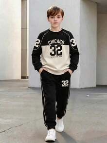 Set Sweatshirt Raglan Colorblock Musim Semi/Gugur untuk Anak Laki-laki, CHICAGO 32 Letter Crew Neck Top dan Celana Sweatpants dengan Garis Putih di Samping dan Manset, Set 2 Potong - Aprikot - View 2