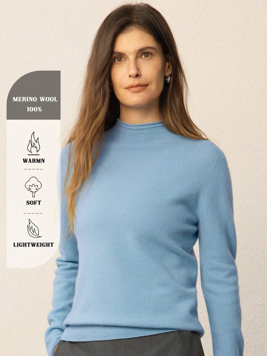 Suéter de mujer 100% lana merino 2026 otoño nueva ropa de mujer cuello enrollado medio cuello alto suéter de punto pullover de mujer otoño/invierno punto otoño - Azul del lago - Ver 1