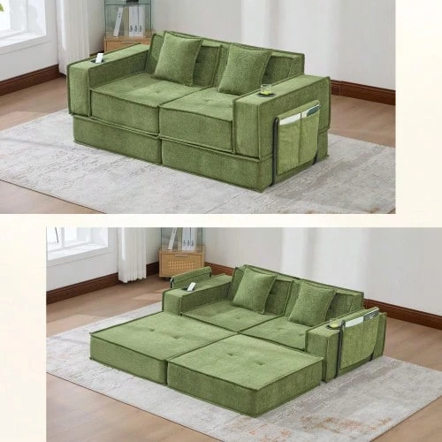 Sofá cama doble moderno con un cómodo sofá de tela de dos plazas y dos cojines. Un elegante reposapiés decorativo con espacio de almacenamiento lateral y portavasos, ideal para rincones de lectura, salas de juegos, etc. - Verde - Ver 1