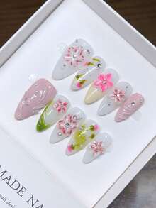Handmade Wearable Press-On Nails, Almond Shape, Hand-Painted Personalized French Nail Art With 3D Carvings In Western Style, Y2K Style Nails, Unique Niche Creative Press-On Nails, Spring And Summer Daily Nail Art, Detachable And Reusable. - Multicolor - View 5