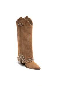 VIKIVIKI SHOES Women's Studded Biker Boots With Buckle, Pointed Toe, Rock Style, Y2K, Ideal For City, Parties, And Autumn/Winter - 駝色 - 查看 7