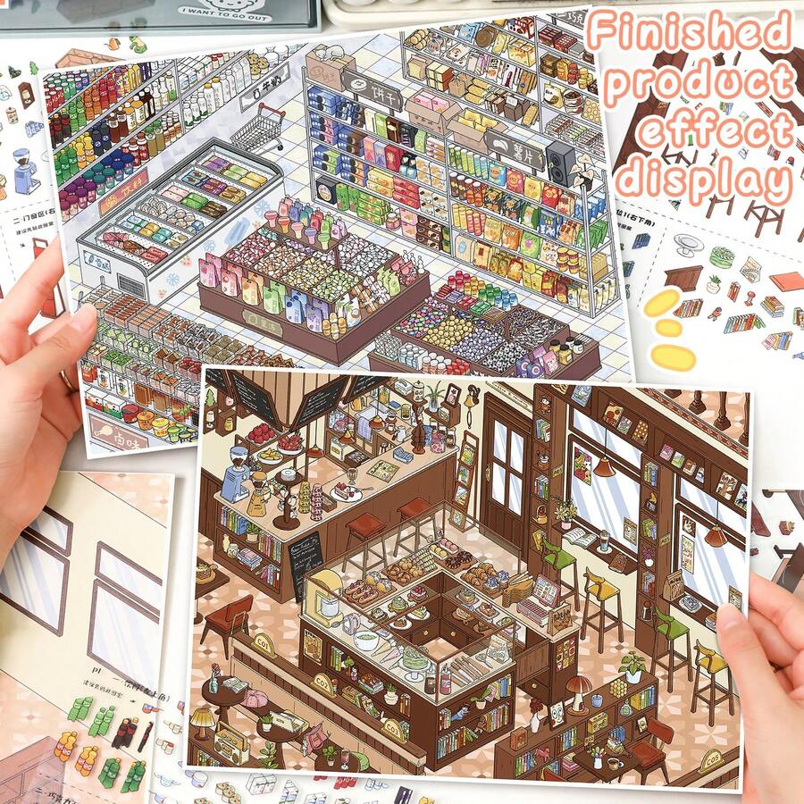 3 Scene Cards + 1 Sticker Material + 1 Reference Image/Pc, Size 28*21cm, DIY Fun Decorative Stickers, Gift For Friends, Office, Home, Entertainment Toys, Student Planner Creative Stickers
