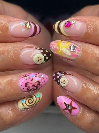 30pcs Short Almond Shape Press-On Nails, Pink Nails With Polka Dot, Star, Banana, Stripe, Button Pattern Design, Set Includes: 1pc Jelly Glue And 1pc Nail File.