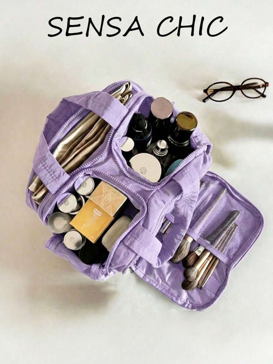 Light Purple Lightweight Nylon Makeup Handbag, Multiple Zipper Compartments, Dual Top Handles, Portable Travel Toiletry Storage Bag - Purple - View 1