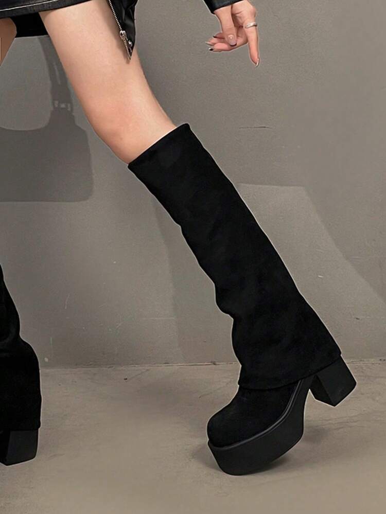 OBOVAY Sepatu Bot Setinggi Lutut Wanita Warna Hitam dengan Manset Longgar, Sol Tebal Bahan Suede Imitasi, Hak Tinggi Tebal Anti Selip, Sepatu Bot Panjang Gaya Jalanan Vintage - Hitam - View 10