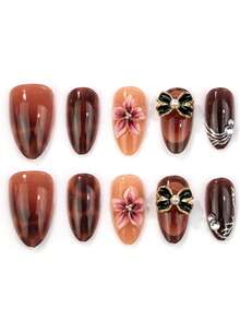 NAIO 10pcs 3D Embossed Bow Pearl Rhinestone Amber Tortoise Shell Gradient Glossy Press-On Nails, Low-Key Luxury Vintage Almond Shape, Suitable For Daily Wear, Casual Gatherings, Cocktail Parties, Friends Get-Togethers - Multicolor - View 2